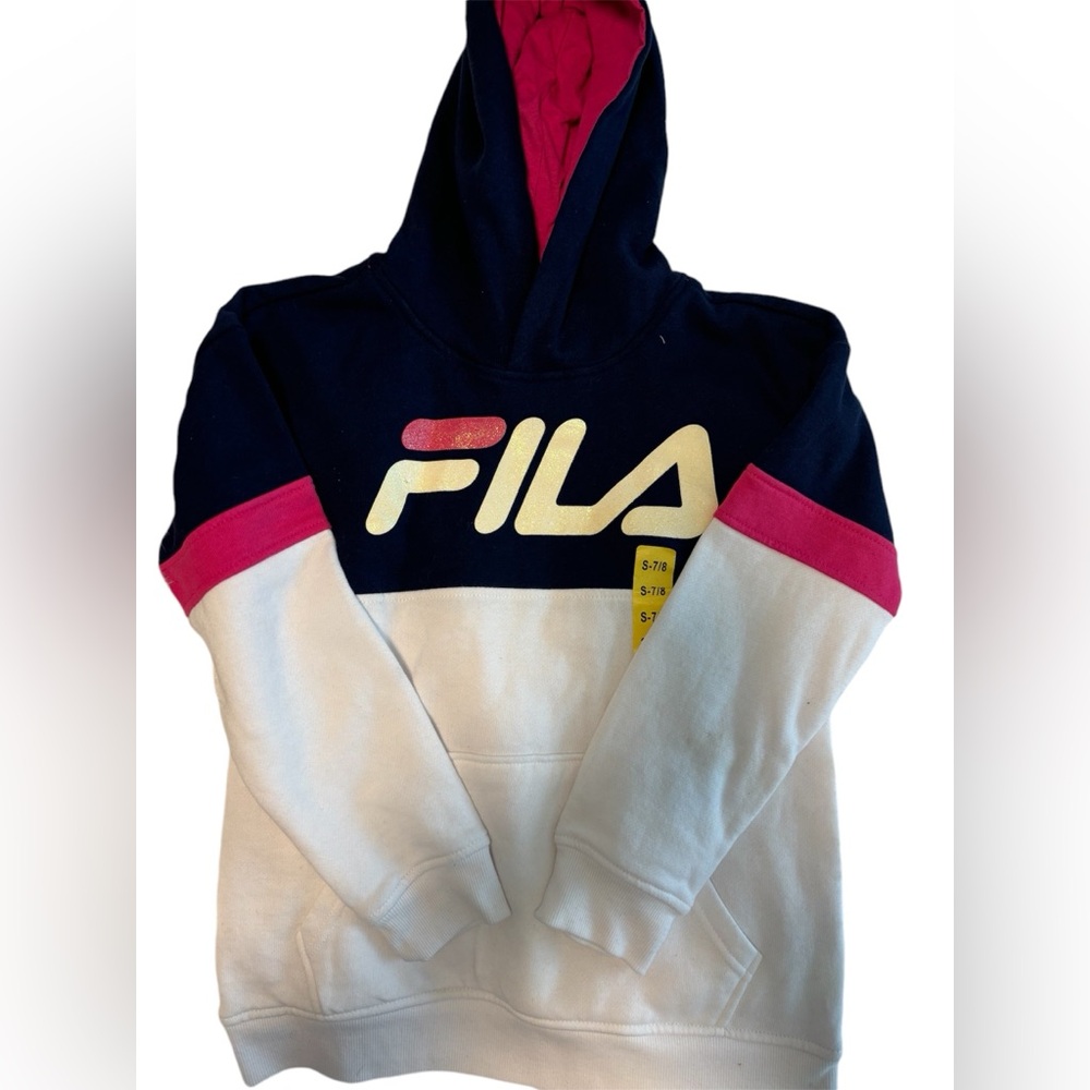 NWOT FILA girls 7/8  logo print sweatshirt long sleeve with hoodie. pink/blue.